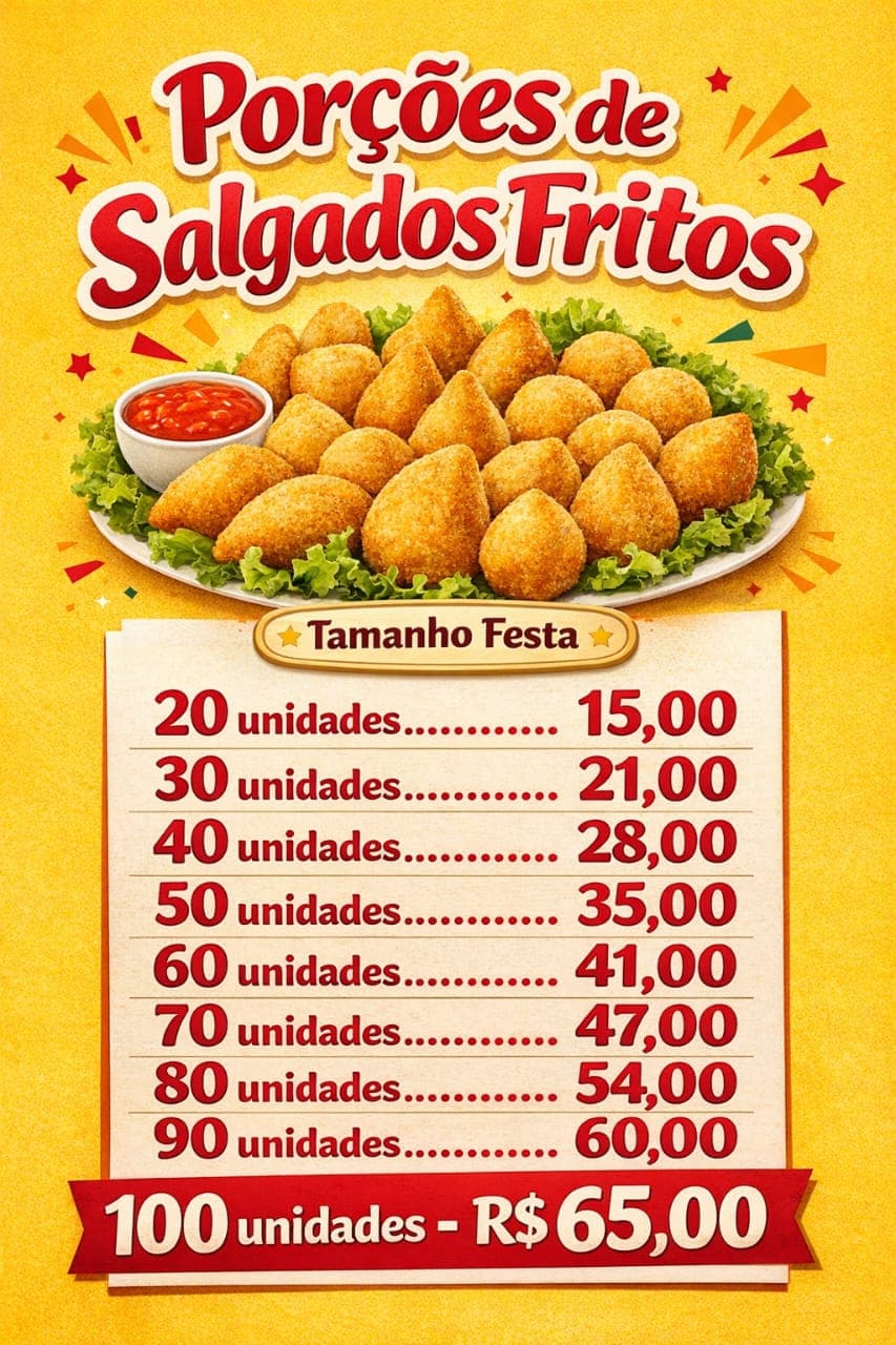 Porções de Salgados Fritos - Tabela de preços